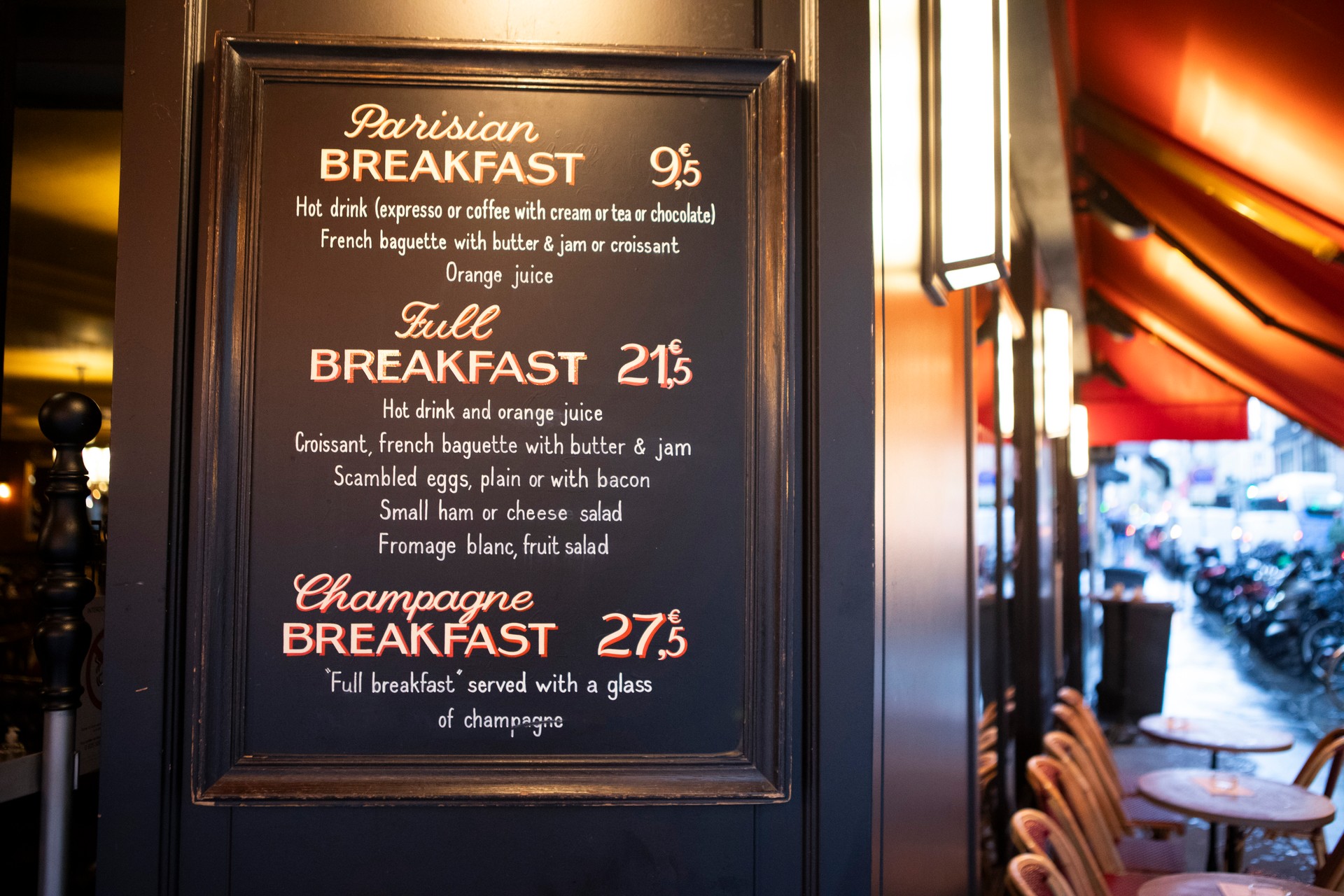 Breakfast menu outside a cafe